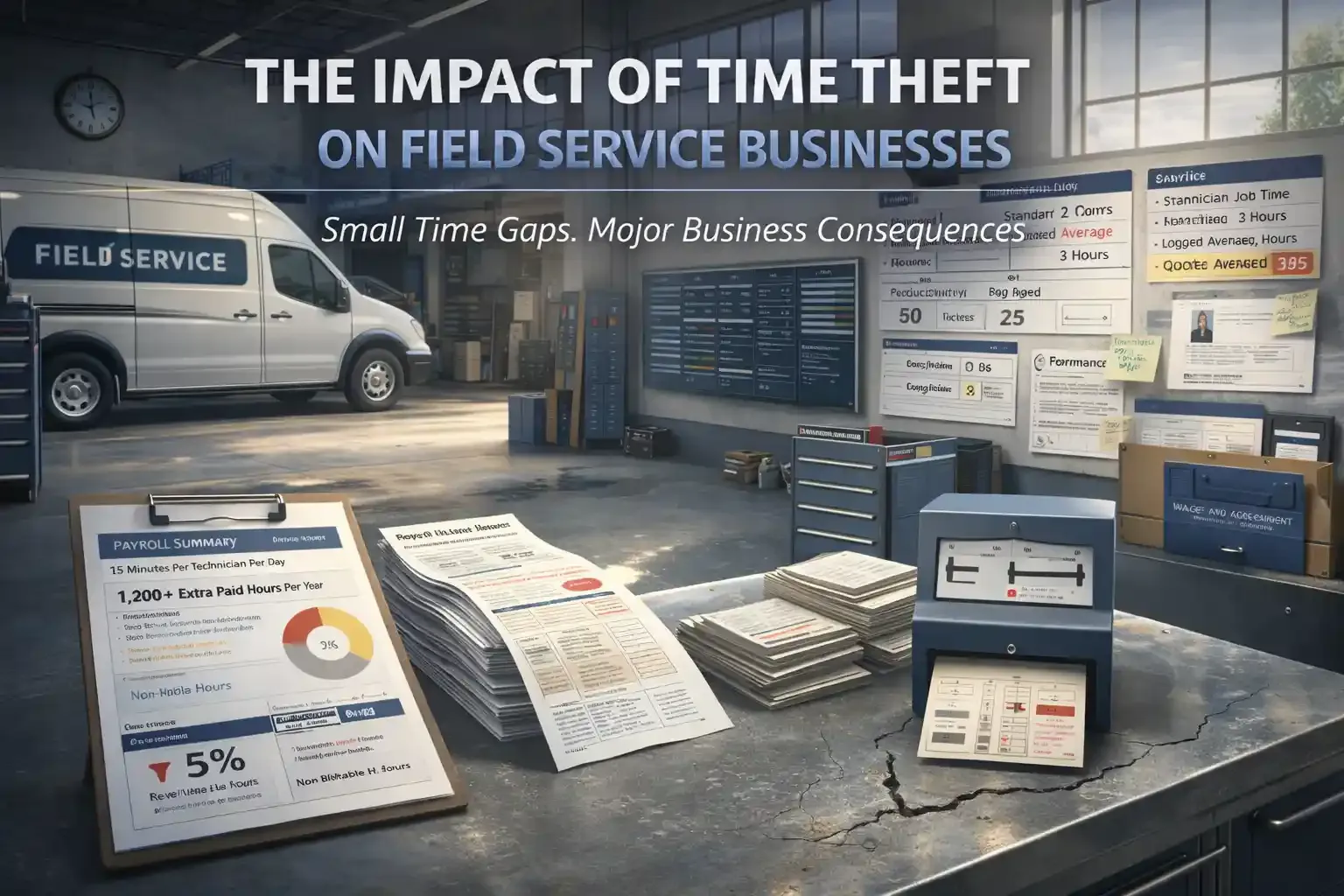 Service garage showing payroll loss and timecard impact visuals